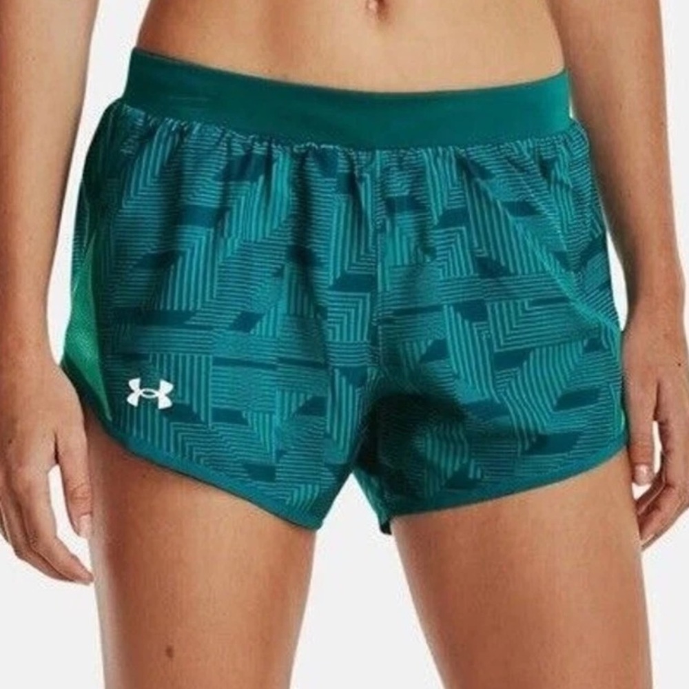 Under Armour Run Loose Fit Teal Geometric Athletic Shorts HeatGear Size Medium